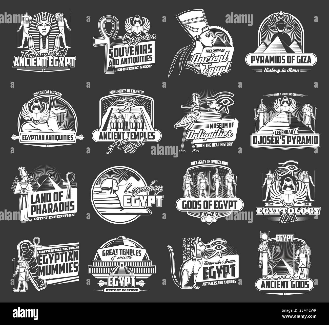 Ancient Egypt pyramid and temple vector icons with Egyptian travel