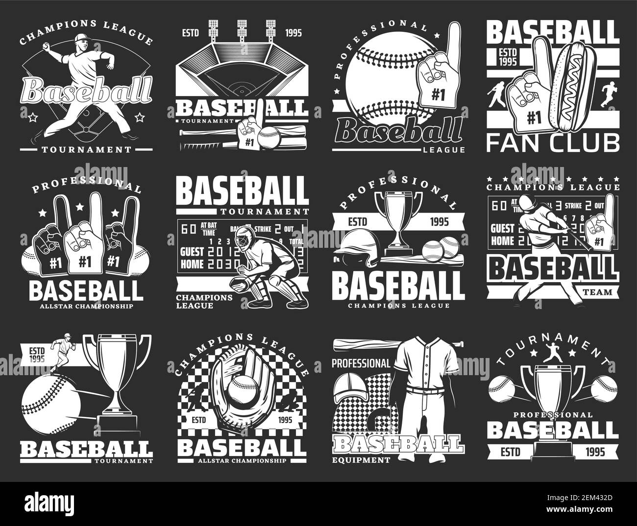 Baseball sport game championship vector icons with balls, bats and winner trophy cup, players, stadium play field, catcher gloves and helmets, scorebo Stock Vector