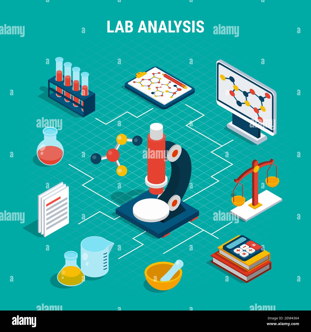 Medical lab analysis equipment isometric flowchart on blue background