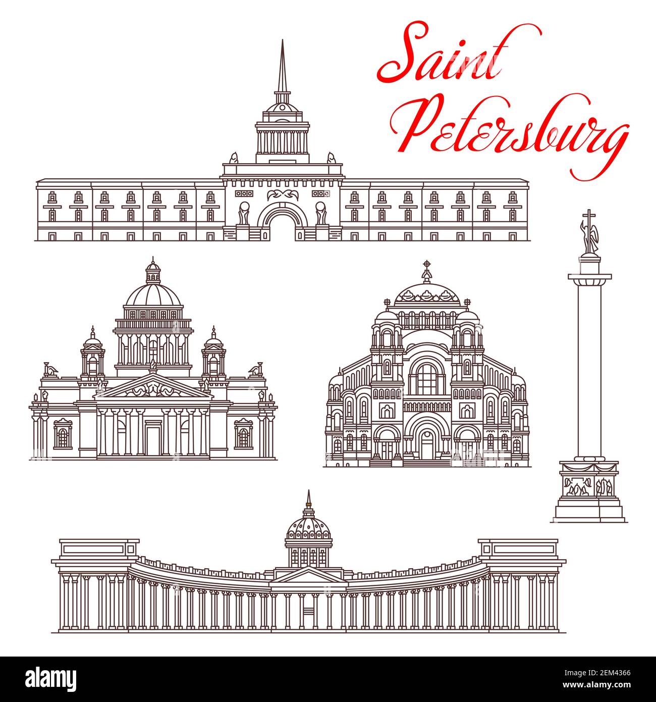 Russian travel landmarks vector design. Architecture of Saint Petersburg  thin line icons of Admiralty Building and Alexander Column, Kazan, St Isaac  a Stock Vector Image & Art - Alamy