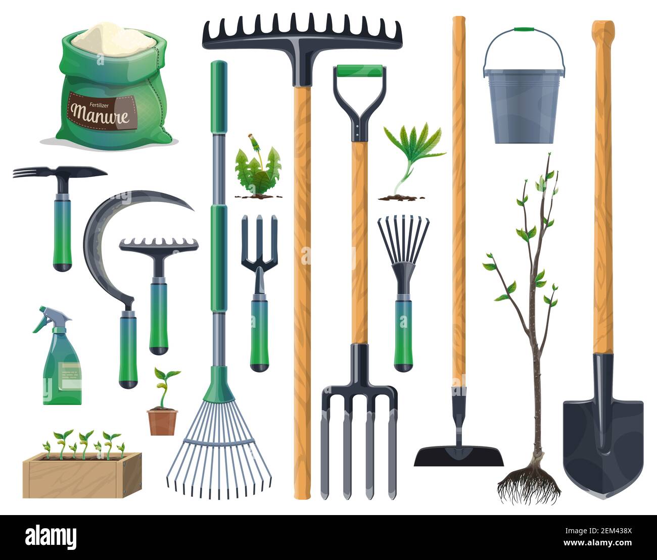 Garden tools and gardening equipment with plants, agriculture and farming.  Vector shovel, rake and spade, flower pot, trowel, pitchfork and bucket, wa  Stock Vector Image & Art - Alamy