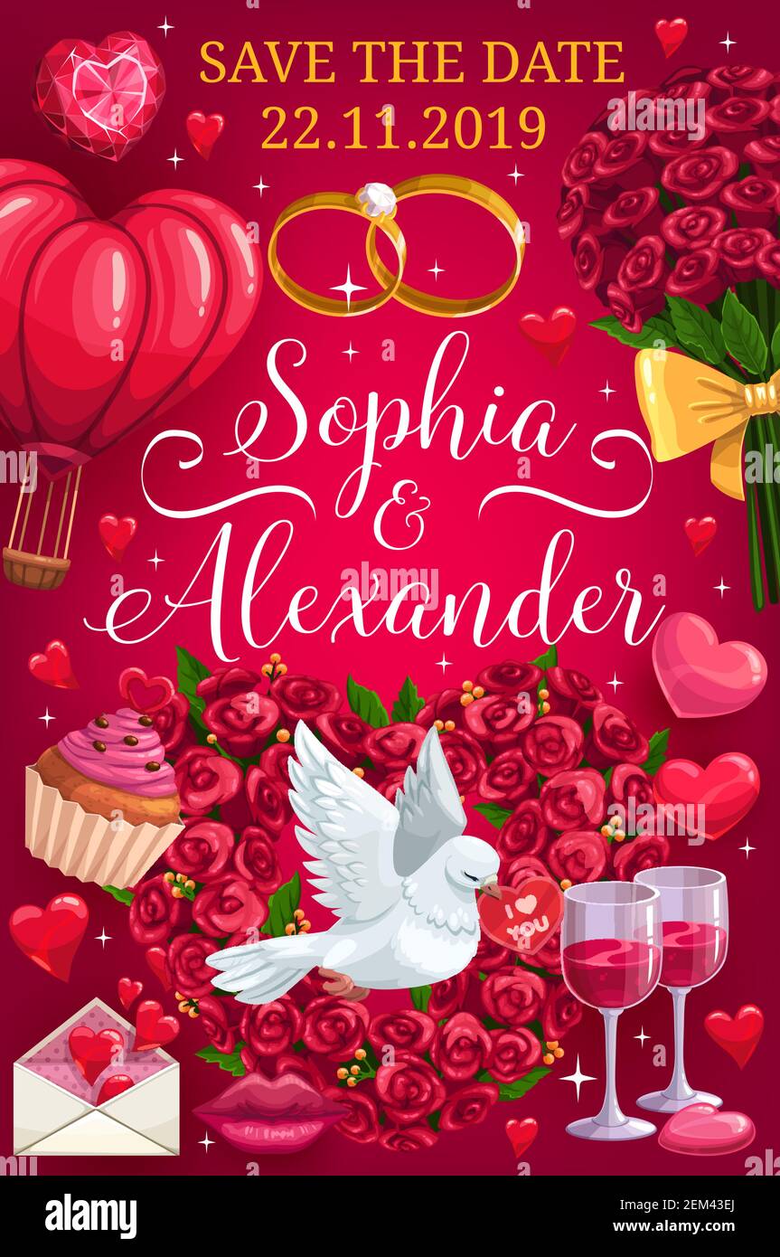 Save the date, bride and groom names, wedding party invitation. Vector