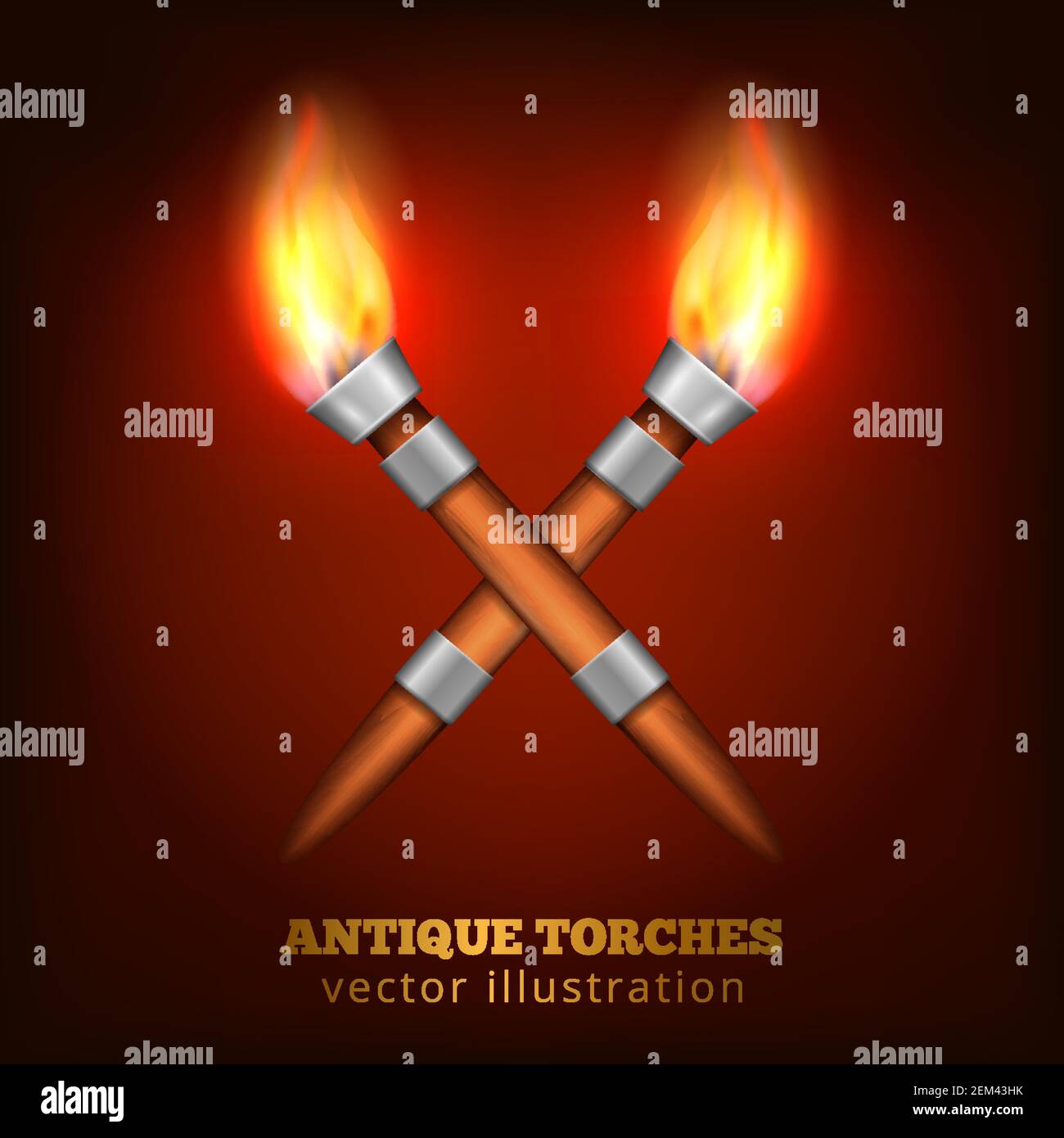 Crossed torches realistic composition with two burning torchlights made of wood and steel with text vector illustration Stock Vector