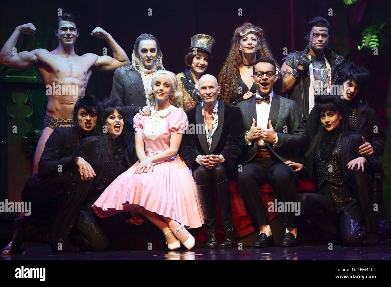The cast of the Rocky Horror Show performing on stage at a press call