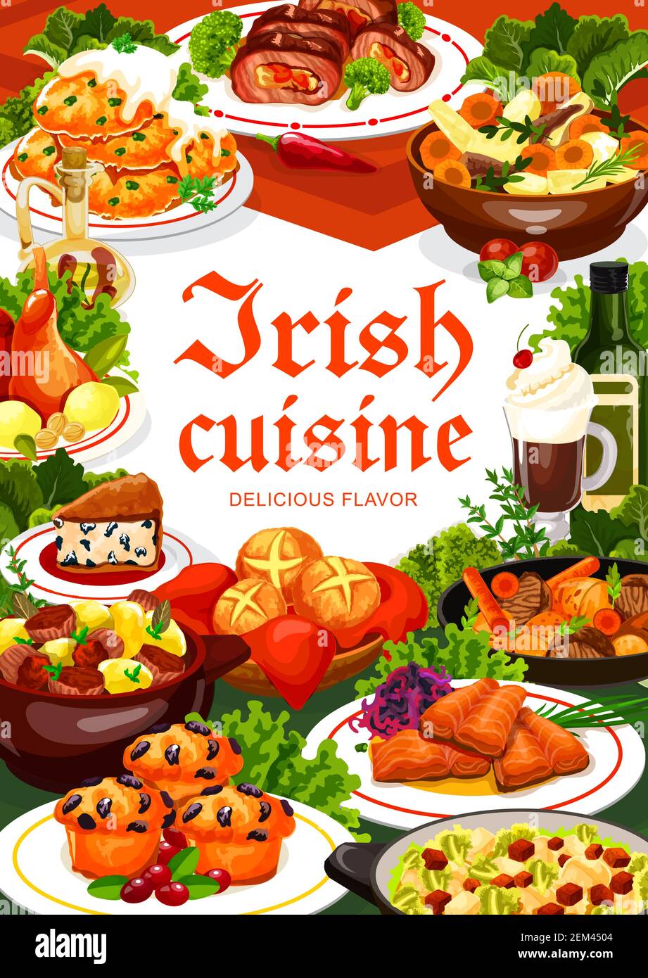 Irish cuisine meal of vegetable, meat and fish, vector food. Potato pancakes, beef and rabbit stews, grilled salmon with cabbage salad, colcannon, sod Stock Vector