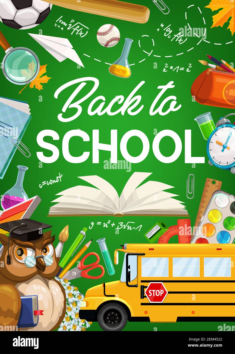 Back to school green chalkboard poster with owl teacher, school bus and ...