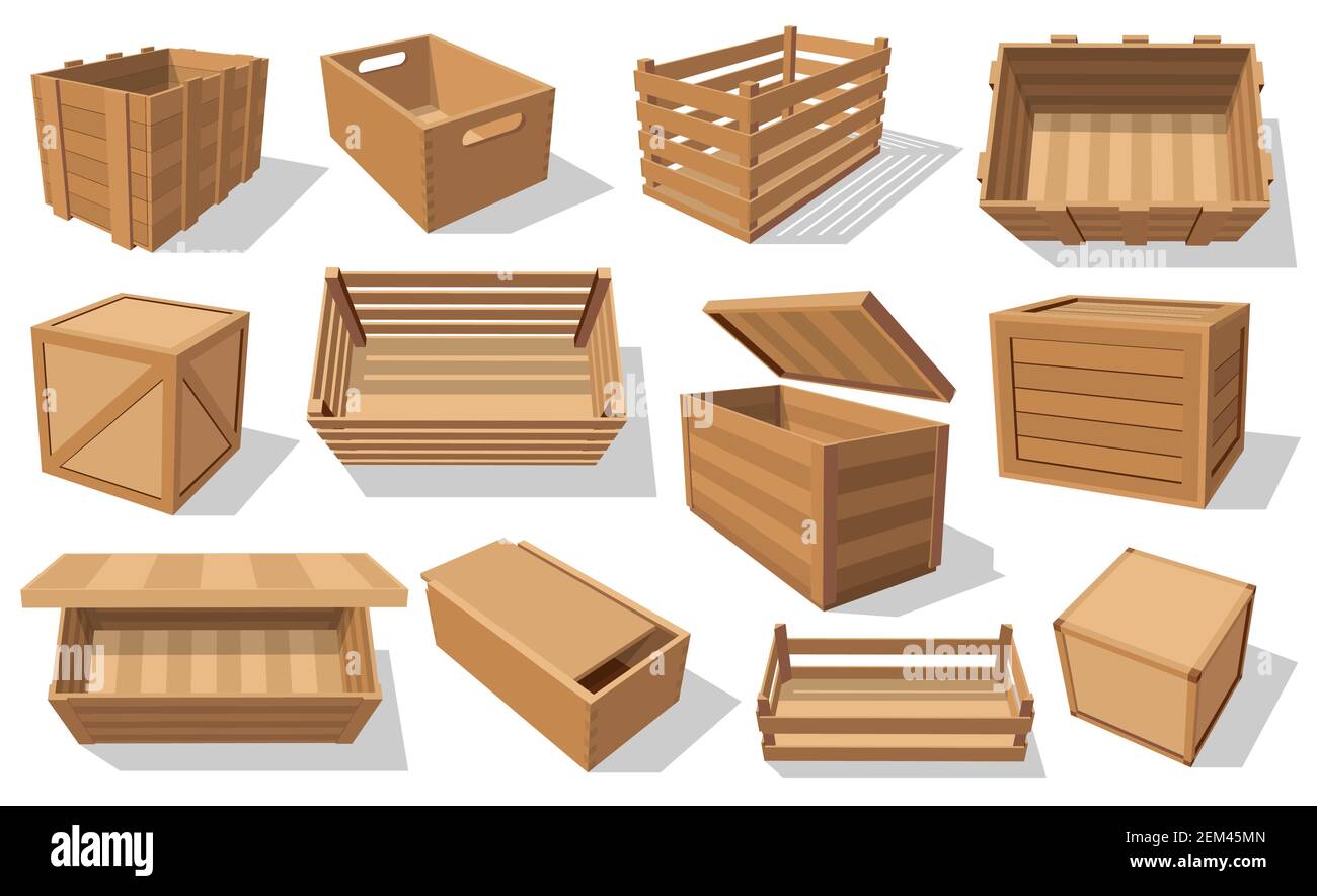 Wooden boxes and parcels isolated icons. Vector pallets and fruits and vegetables transportation containers, drawers and empty wood crates, cargo dist Stock Vector