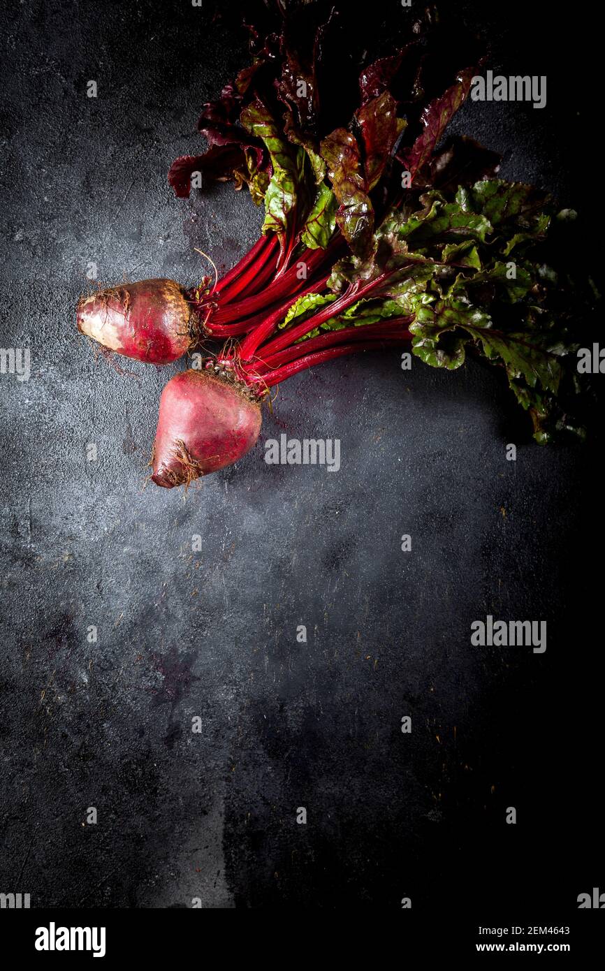 Fresh organic beet, beetroot on dark background. Stock Photo