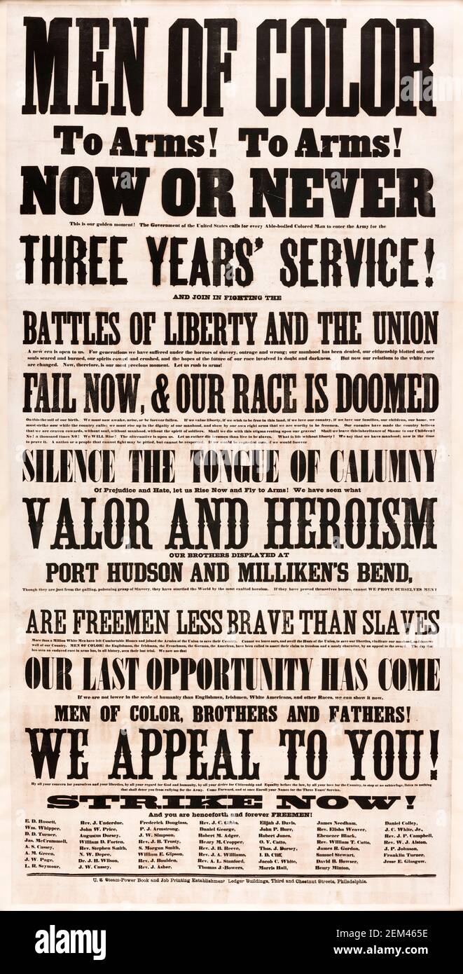 US Army Recruitment poster calling for 'Men of Color' to enlist for the American Civil War (1861-1865), poster written by Frederick Douglass, 1863 Stock Photo