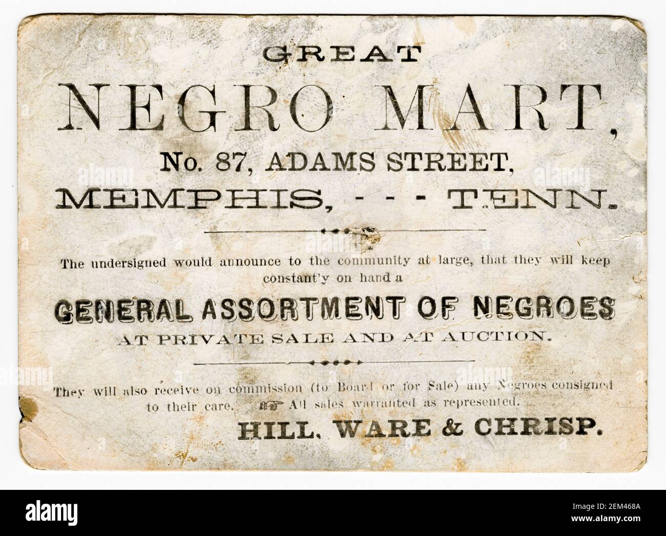 US Slave trade Slave trader's advertisement card for the 'Great Negro