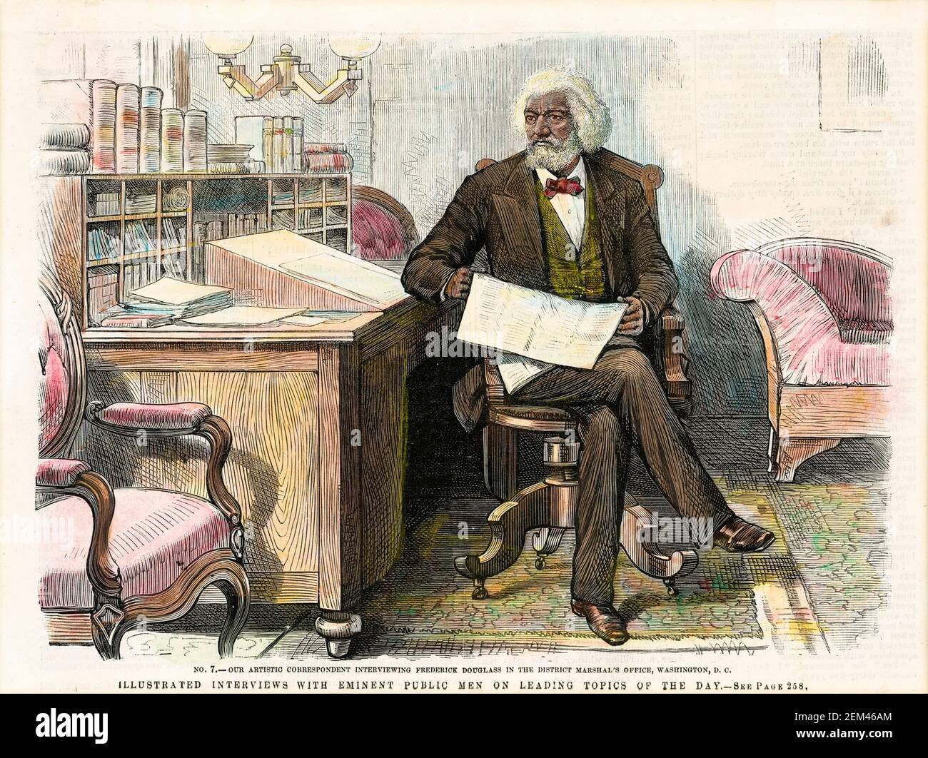 Frederick Douglass (1818-1895), in the District Marshall’s Office, Washington DC, print by Frank Leslie's Illustrated Newspaper, circa 1879 Stock Photo
