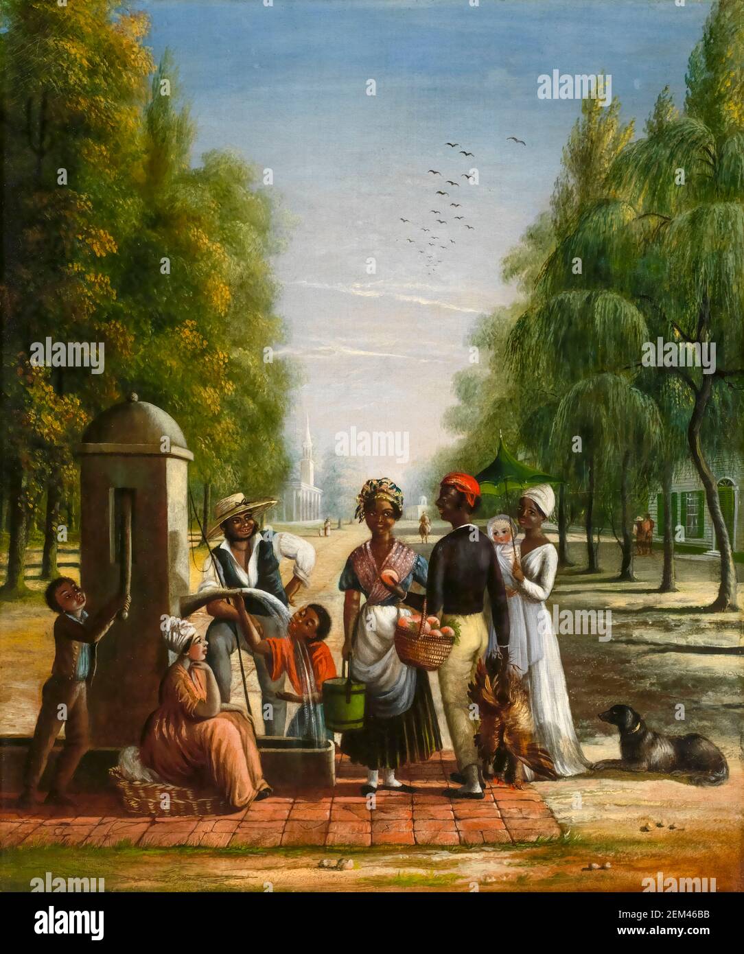Servants at a Pump (Water Pump), painting by Nicolino Calyo, circa 1840 Stock Photo