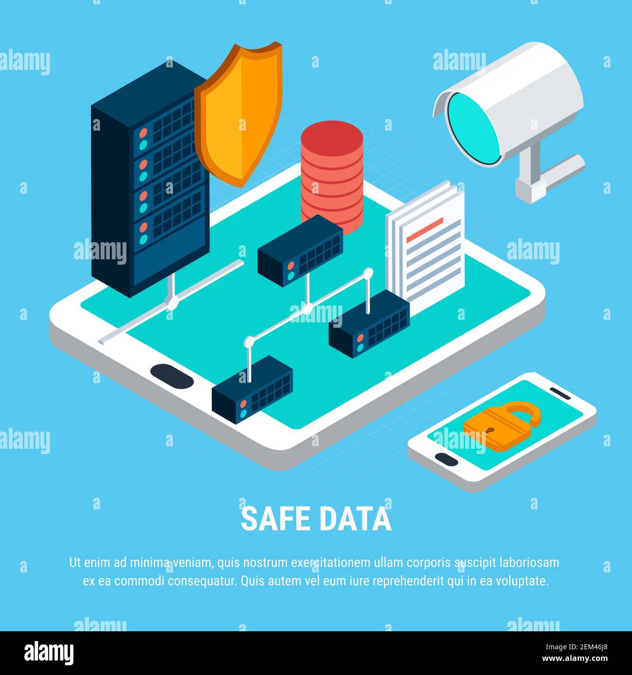 Safe data design concept with lock surveillance camera and shield as ...