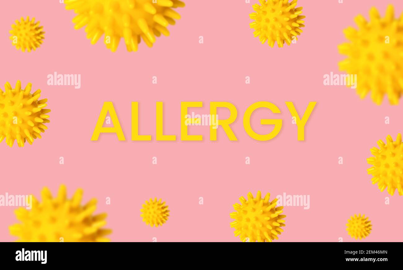 Allergy text. Frame with yellow air pollen grains on a pink background. Allergy, hay fever