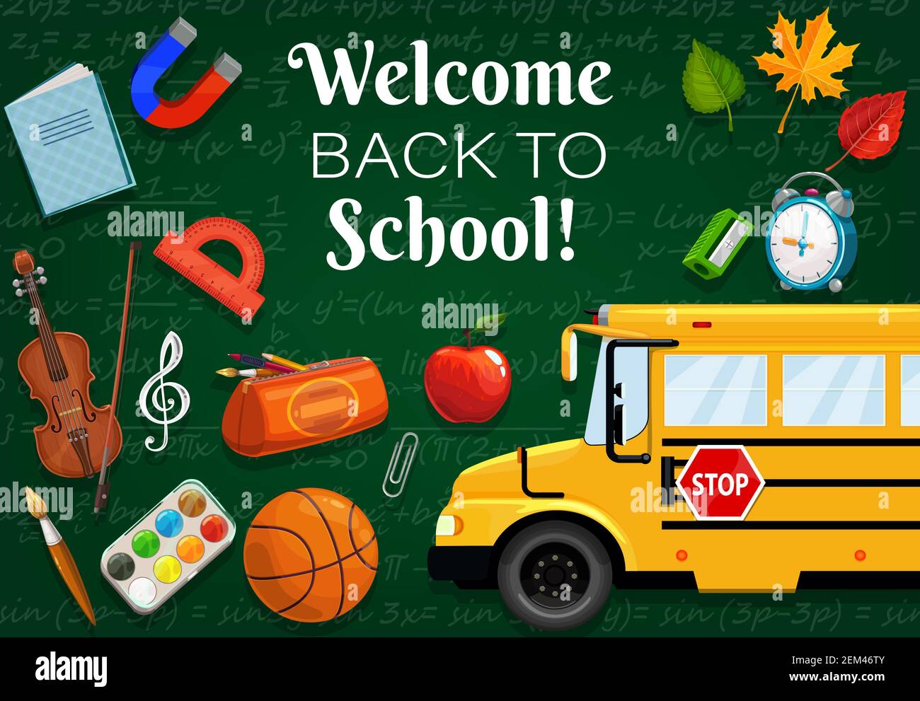 Welcome back to school, 1st September time to start lessons. Vector green chalkboard with formulas, bus transport and stationery items. Clock and leav Stock Vector