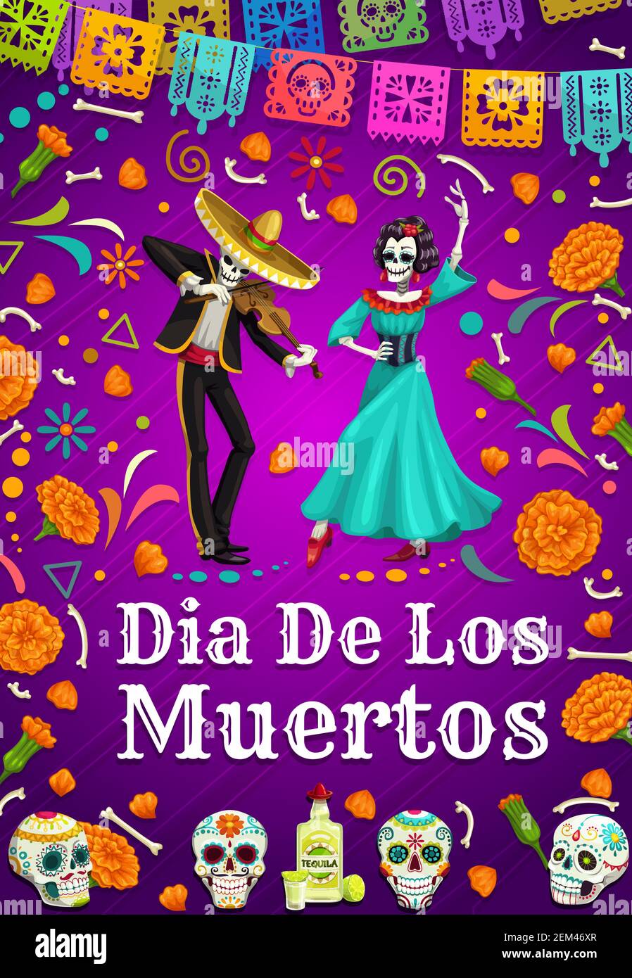 Dia de los Muertos, Day of dead in Mexico and dancing dead man and woman. Vector lettering and dancers, male in sombrero playing on violin, female fri Stock Vector