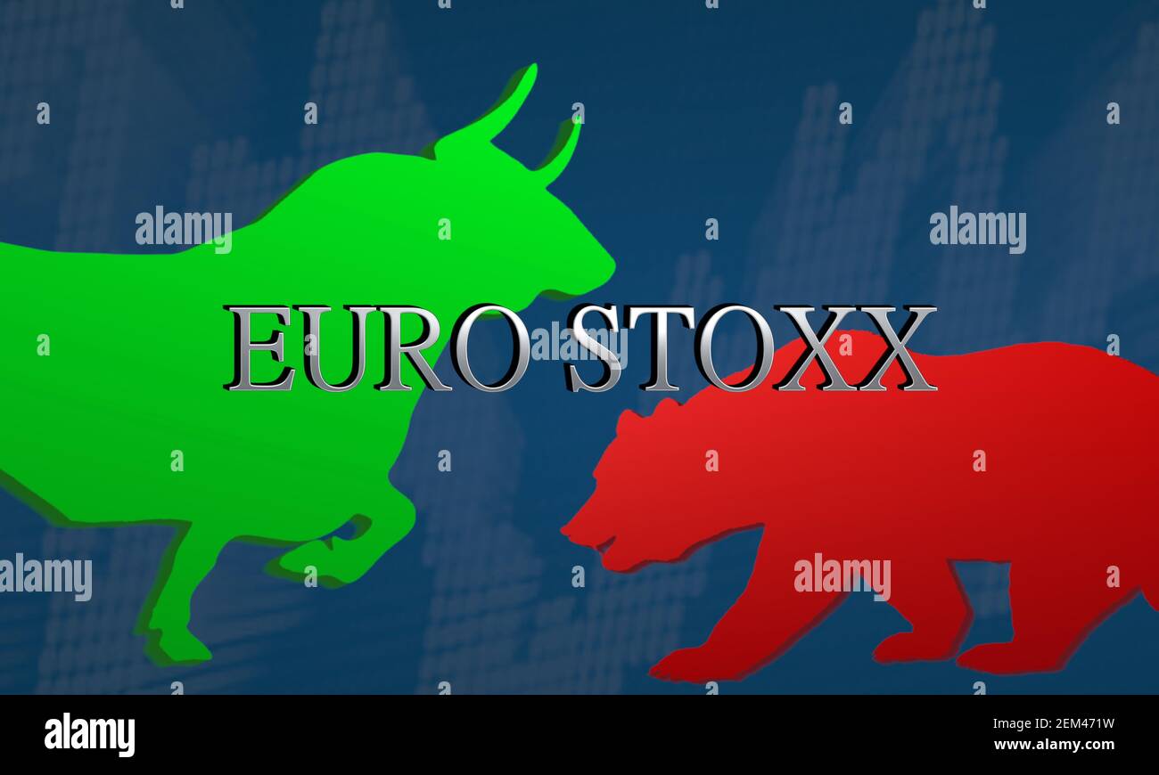 The EURO STOXX, a stock market index of the Eurozone is volatile and shows lack of direction. Illustration shows a standoff between a green bull... Stock Photo
