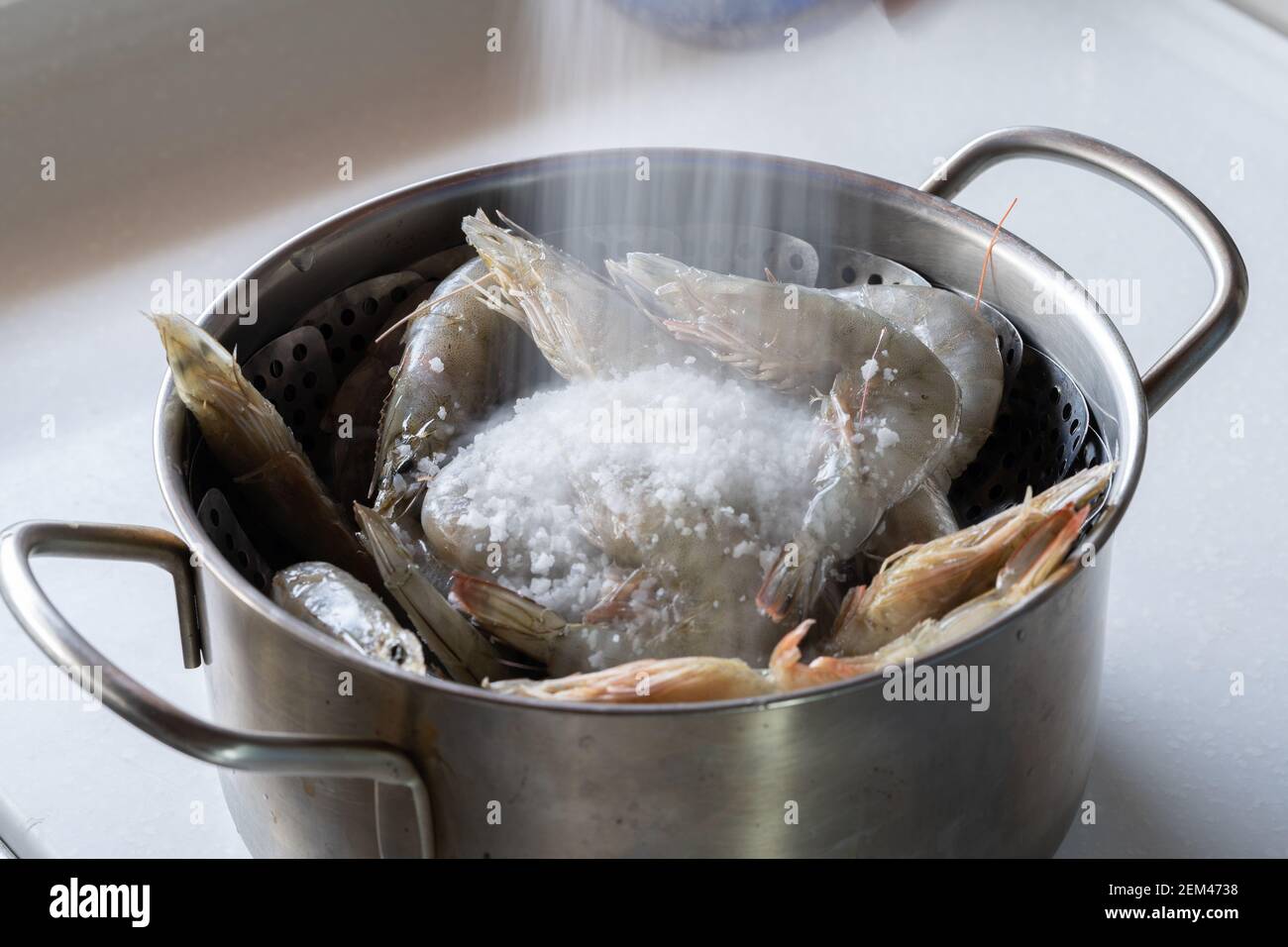 Home-cooked, salted and steamed shrimp. Stock Photo