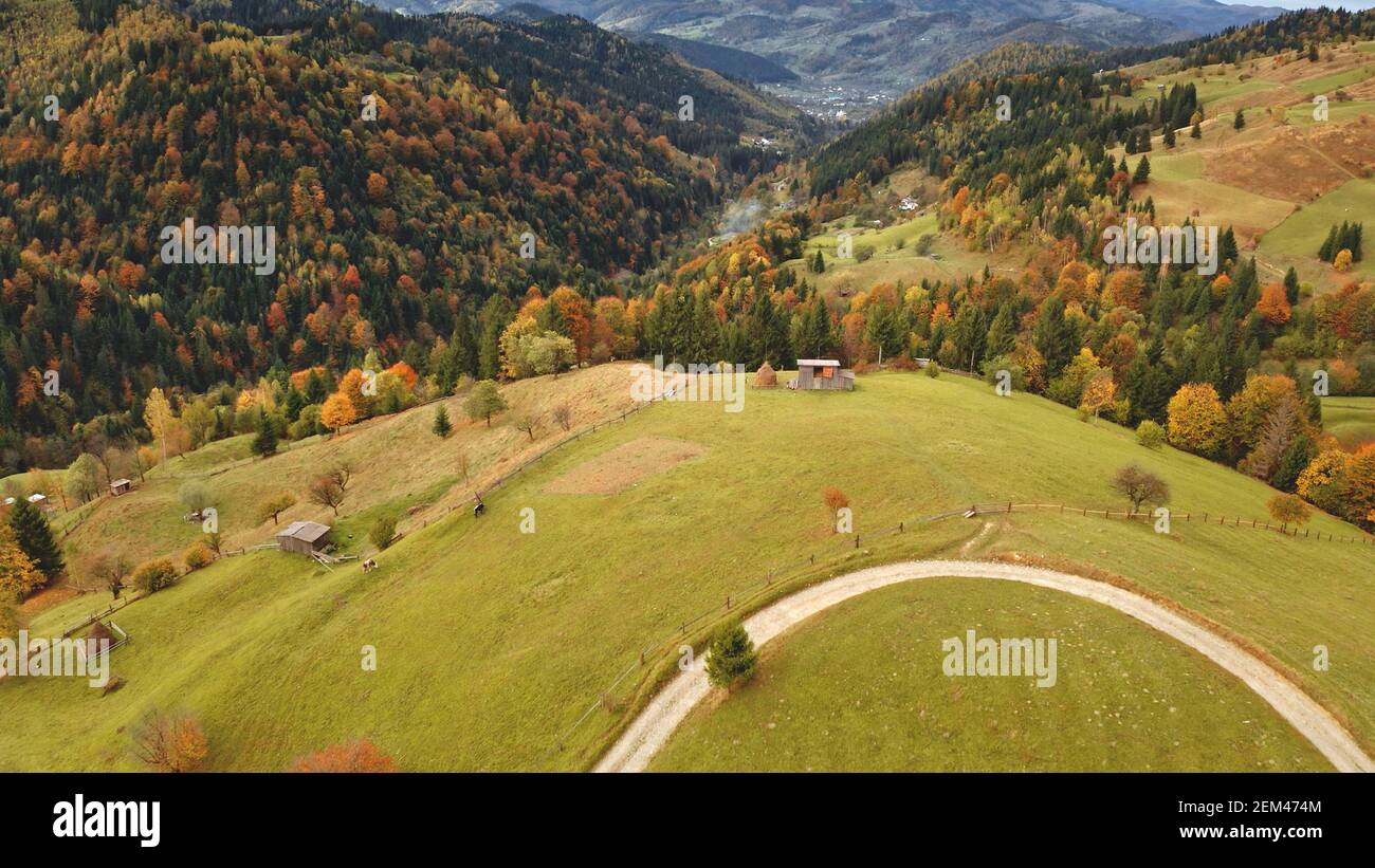 Road at mountain top aerial. Autumn nobody nature landscape. Village at mist haze. Countryside leafy, fir trees forest. Mount green, yellow valley. Mountaineering at Carpathians, Ukraine, Europe Stock Photo