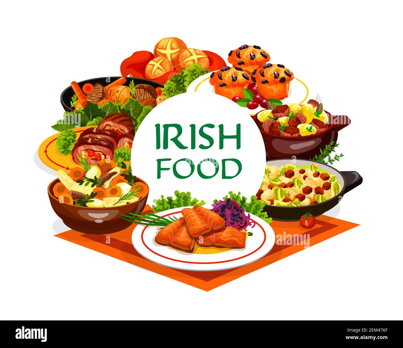 Irish cuisine food vector design of vegetable meal with meat stews and fish dishes. Mashed potato colcannon, red cabbage salad, grilled salmon, beef a Stock Vector