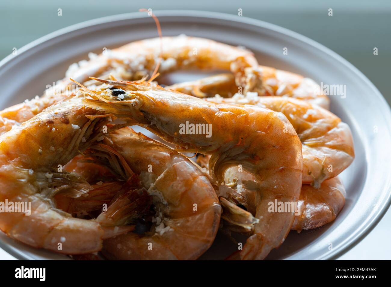 Home-cooked, salted and steamed shrimp. Stock Photo