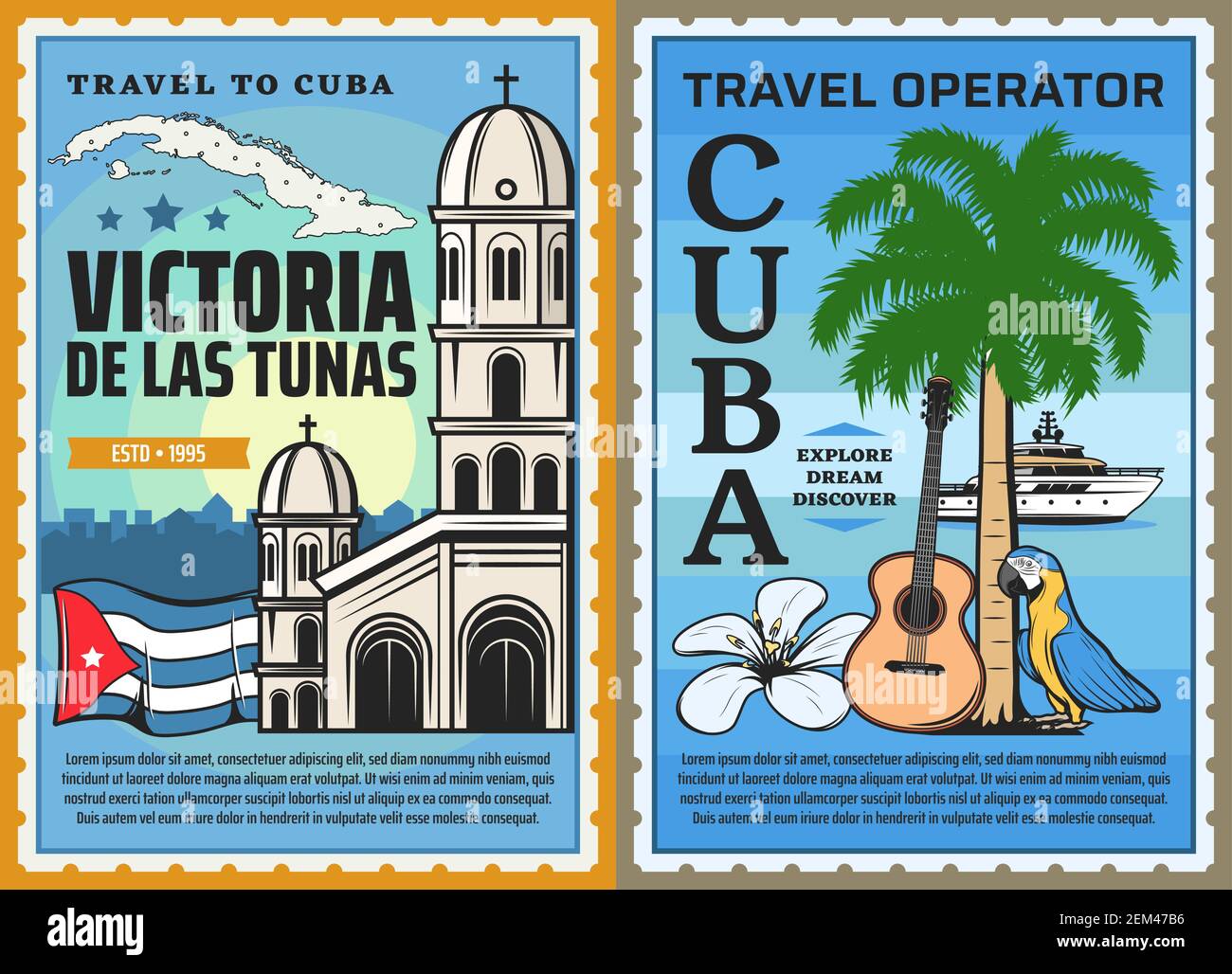 Cuba travel and tourism vector design of Cuban map, flag and island beach with Caribbean royal palm tree, guitar and parrot, mariposa flower, cruise s Stock Vector