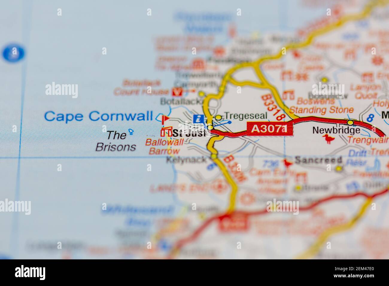 St Just in cornwall shown on a road map or geography map Stock Photo