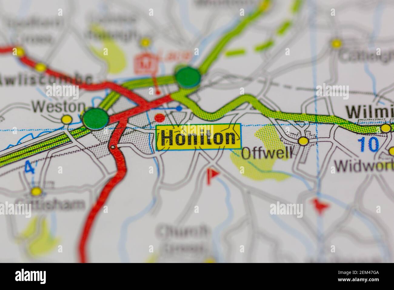 Honiton shown on a road map or geography map Stock Photo