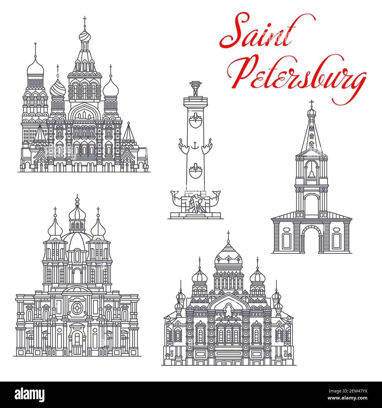 Saint Petersburg and Russia travel landmark vector icons. Church of Savior on Spilled Blood, Smolny Cathedral and Church of Assumption of Blessed Mary Stock Vector