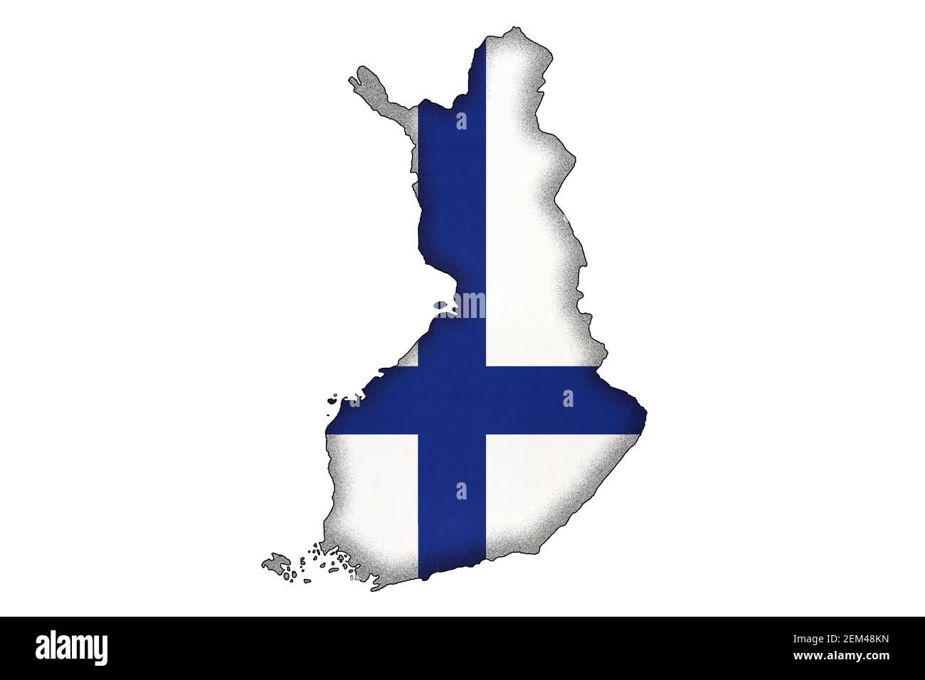 Finland border silhouette with national flag isolated on white background with copy space. Contour of world european country on geography map. Finnish Stock Photo
