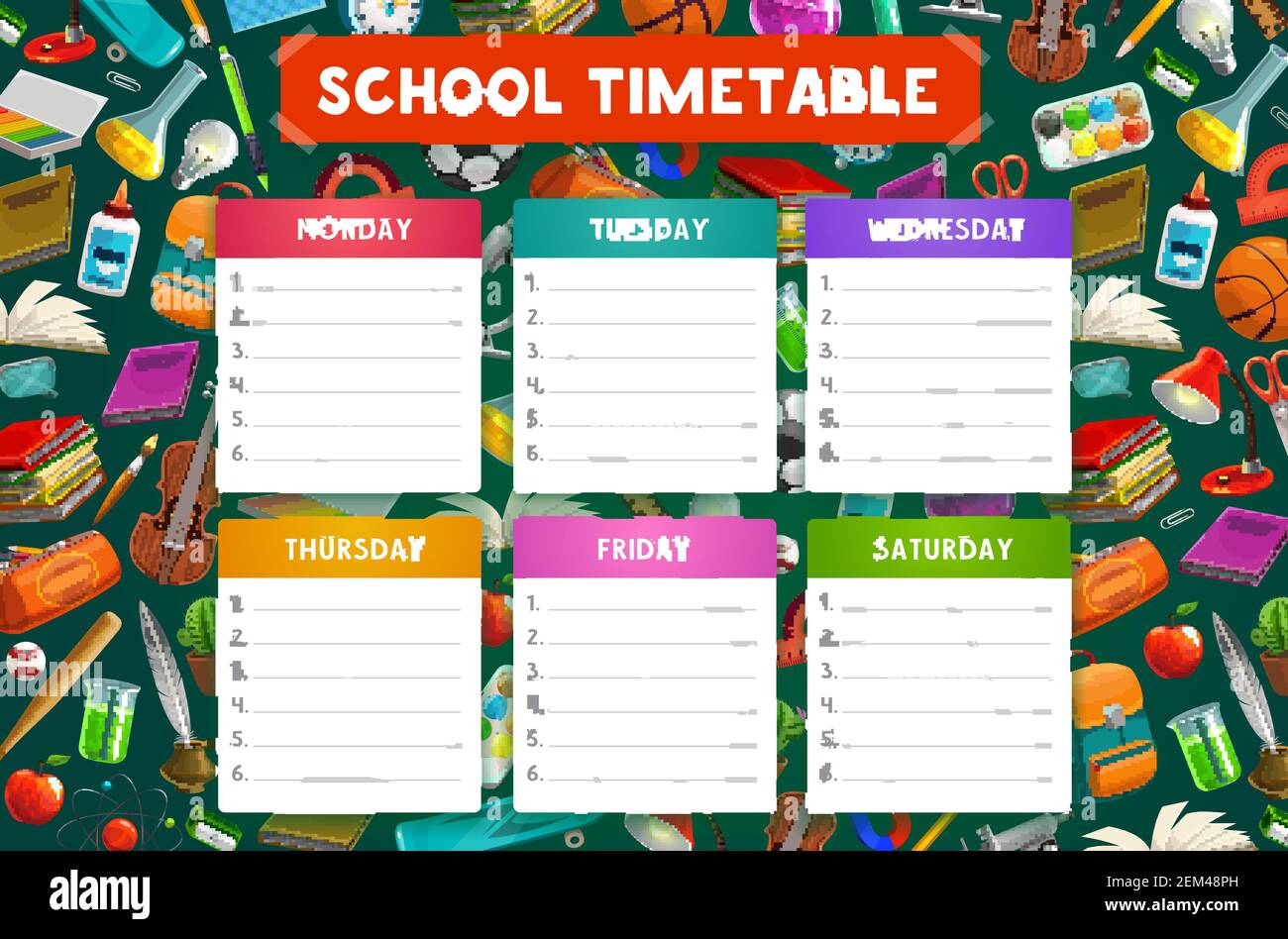 School timetable vector template with weekly schedule of student lessons  with education supplies. Study plan or daily planner chart on background  with Stock Vector Image & Art - Alamy