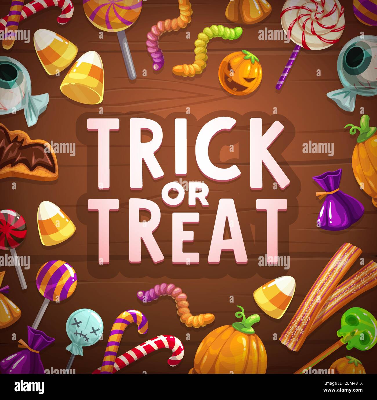 Halloween holiday trick or treat candies and sweets vector card on wooden  background. Pumpkin cakes, lollipops and chocolate cookies, jellies in  shape Stock Vector Image & Art - Alamy