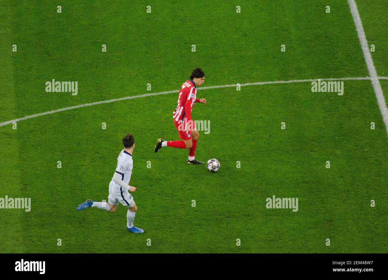 BUCHAREST, ROMANIA - 23 February 2021 - Chelsea FC and Atletico Madrid in action during the first leg of the UEFA Champions League at the National Are Stock Photo