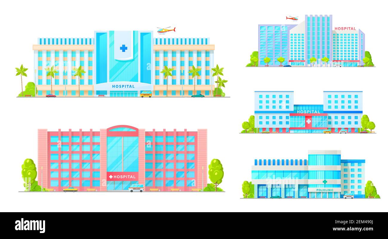 Hospital buildings isolated medical treatment establishments. Vector clinics facade, exterior with emergency transport, plane and car, parking zone, t Stock Vector