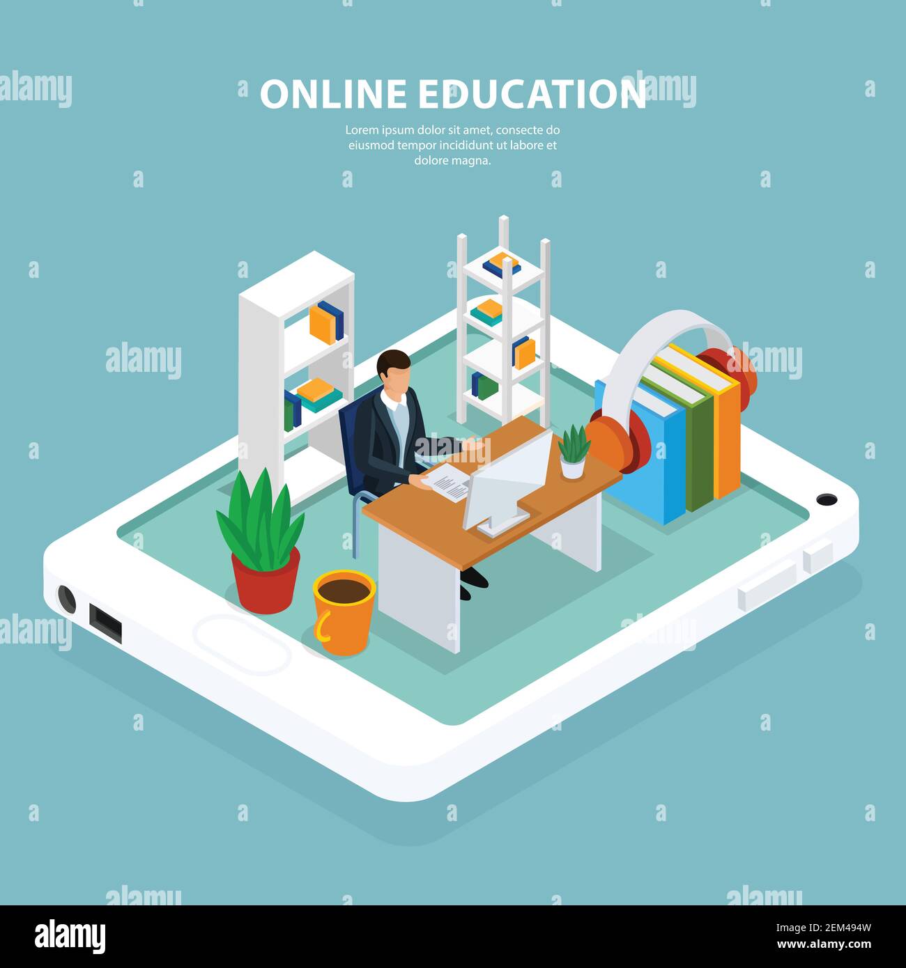 Learner at computer during online education, interior objects on mobile ...