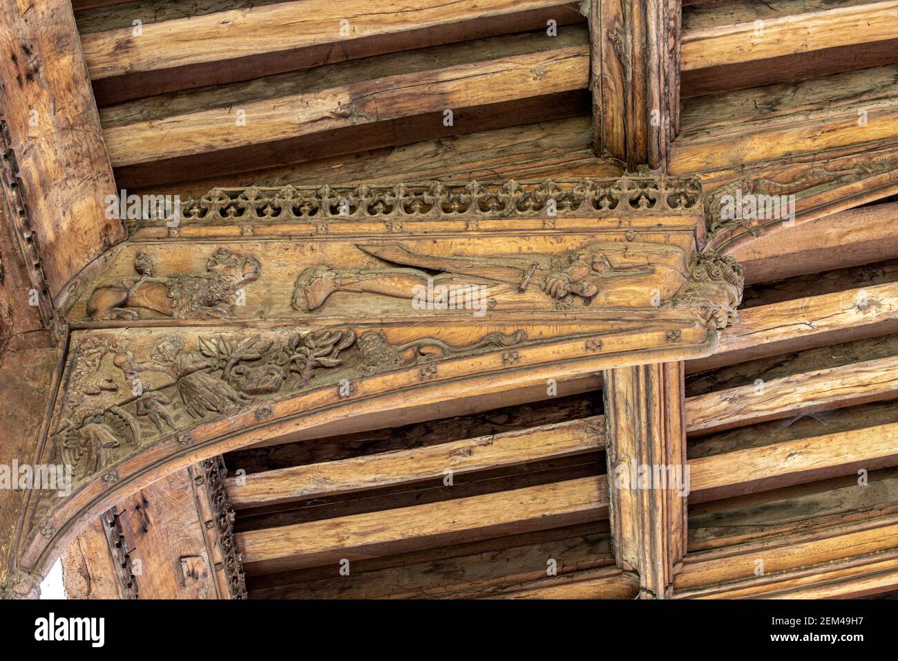 The !5th century carved hammerbeam roof of the 13th century church of St Mary at Mildenhall, Suffolk UK Stock Photo