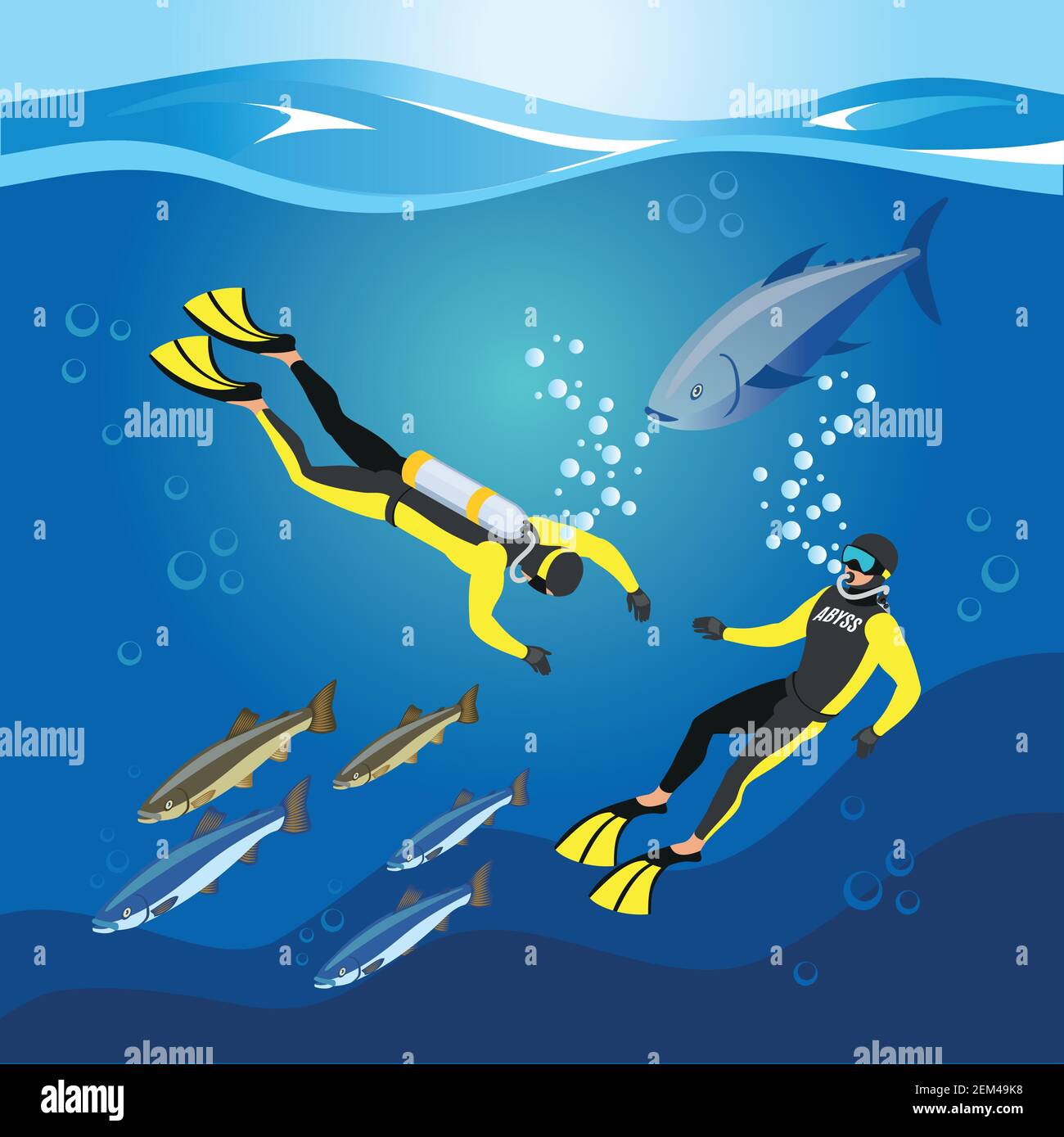 Underwater depths research, divers with scuba equipment and fishes ...