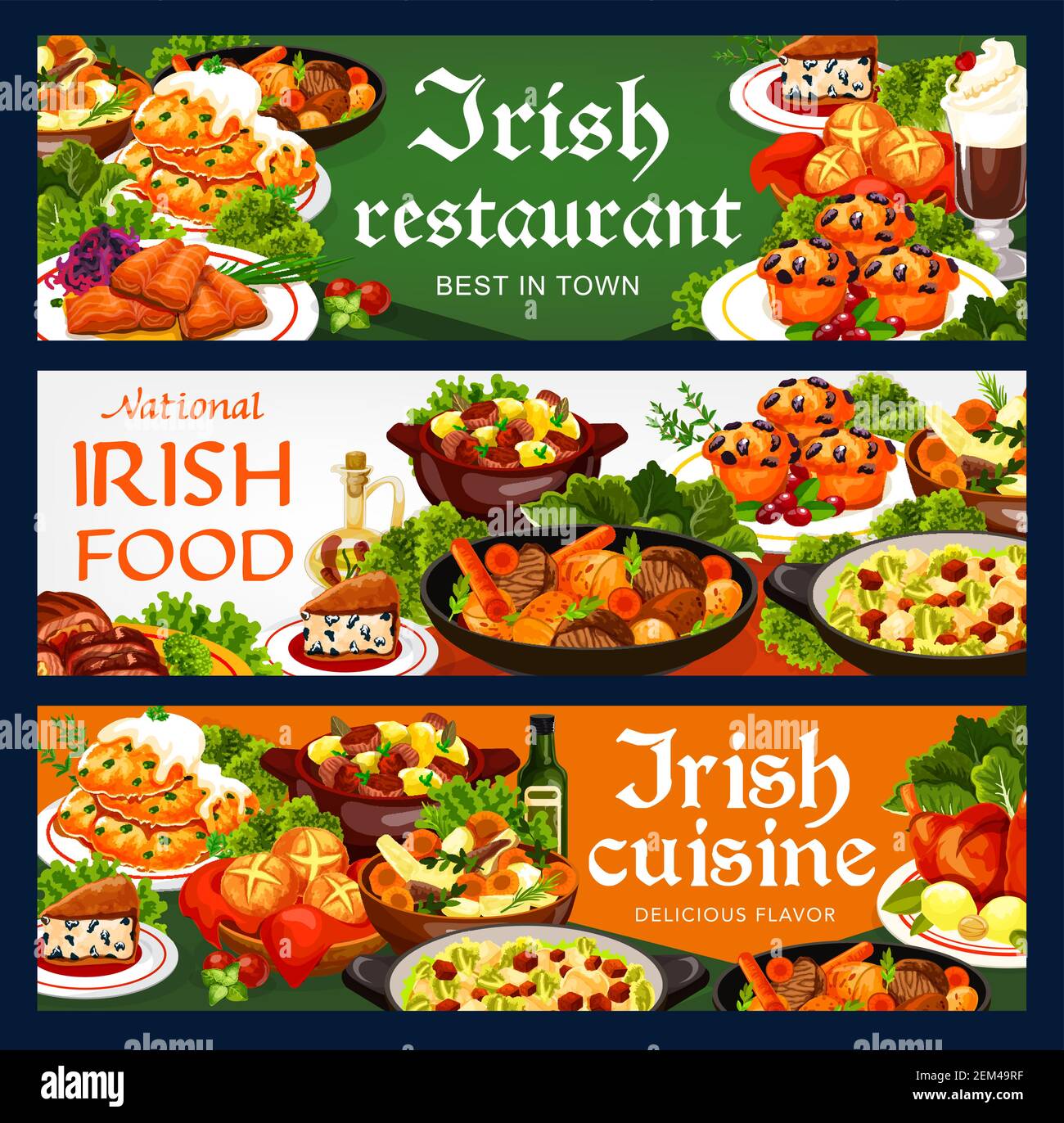Irish cuisine food vector banners with vegetable and meat stews, fish and bread. Potato pancakes and colcannon, beef, lamb and rabbit, cabbage salad w Stock Vector