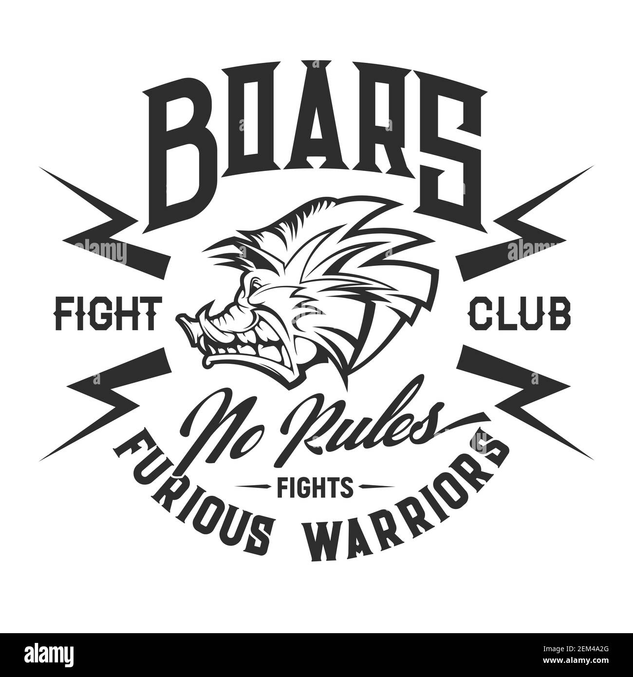 Boar t-shirt print of fight sport club vector design. Angry hog, head of wild animal with lightnings and hand lettering. Martial sportsman apparel and Stock Vector
