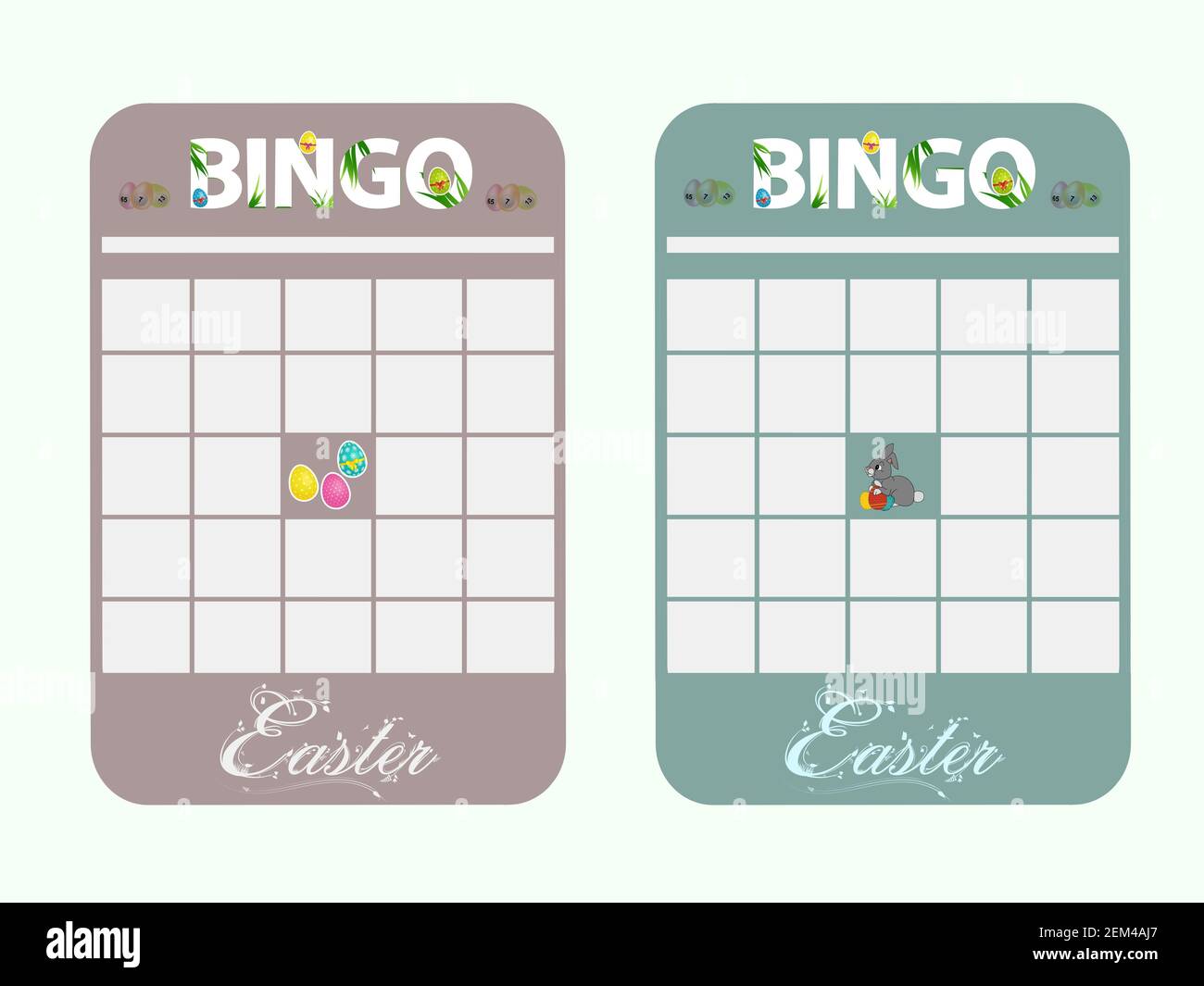 Blank Copy Space Easter Bingo Cards Decorated With Bunny Easter Eggs And Text In Light Green And Light Brown Stock Photo