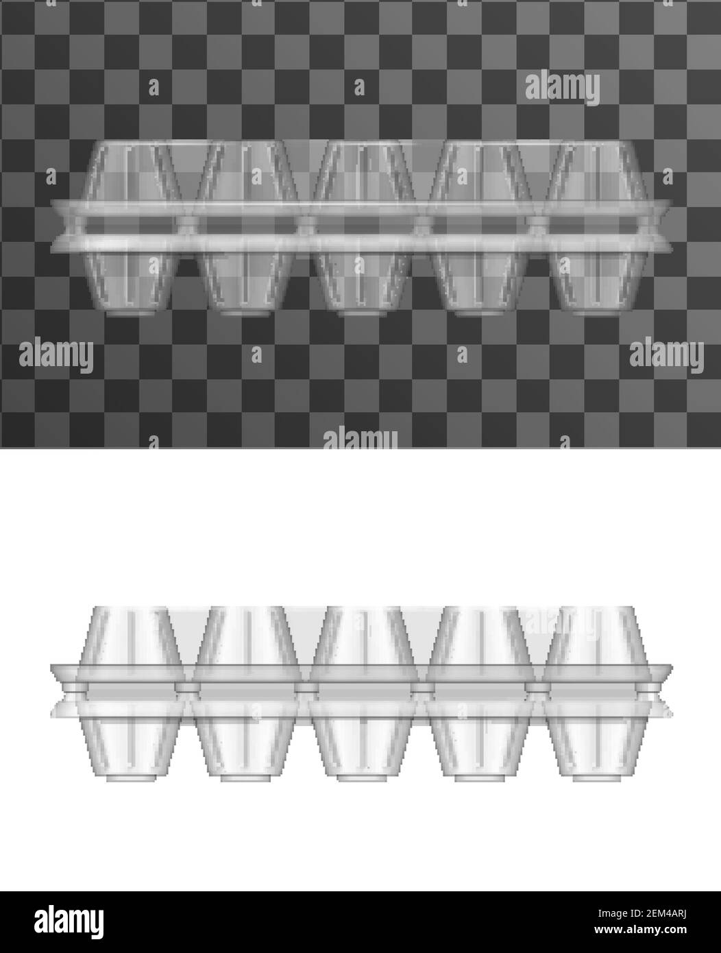 Egg pack or box vector mockups, clear plastic tray templates of food packaging design. Disposable empty clamshell containers on transparent and white Stock Vector