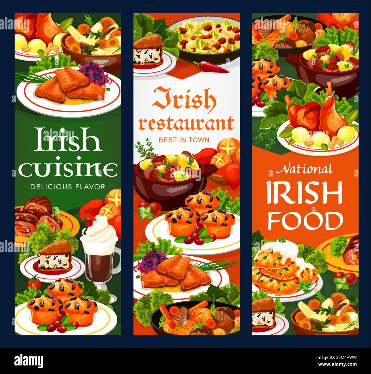Irish cuisine vegetable meat stew, fish and soda bread, food vector banners. Potato pancakes, cabbage salad and grilled salmon, lamb, beef and rabbit Stock Vector