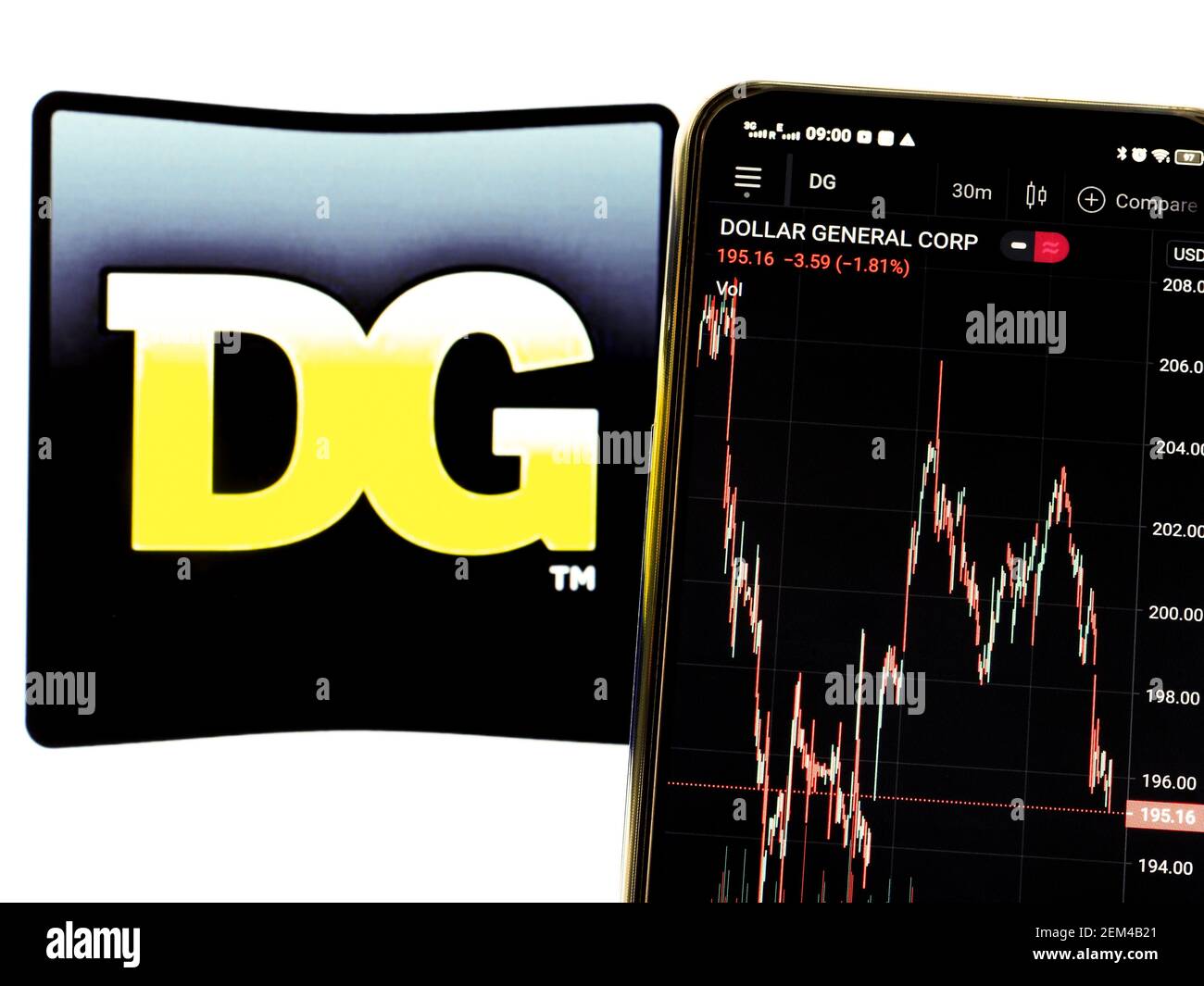 In this photo illustration, Dollar General Corporation stock market information is seen displayed on a smartphone on a background of Dollar General Corporation logo. Stock Photo