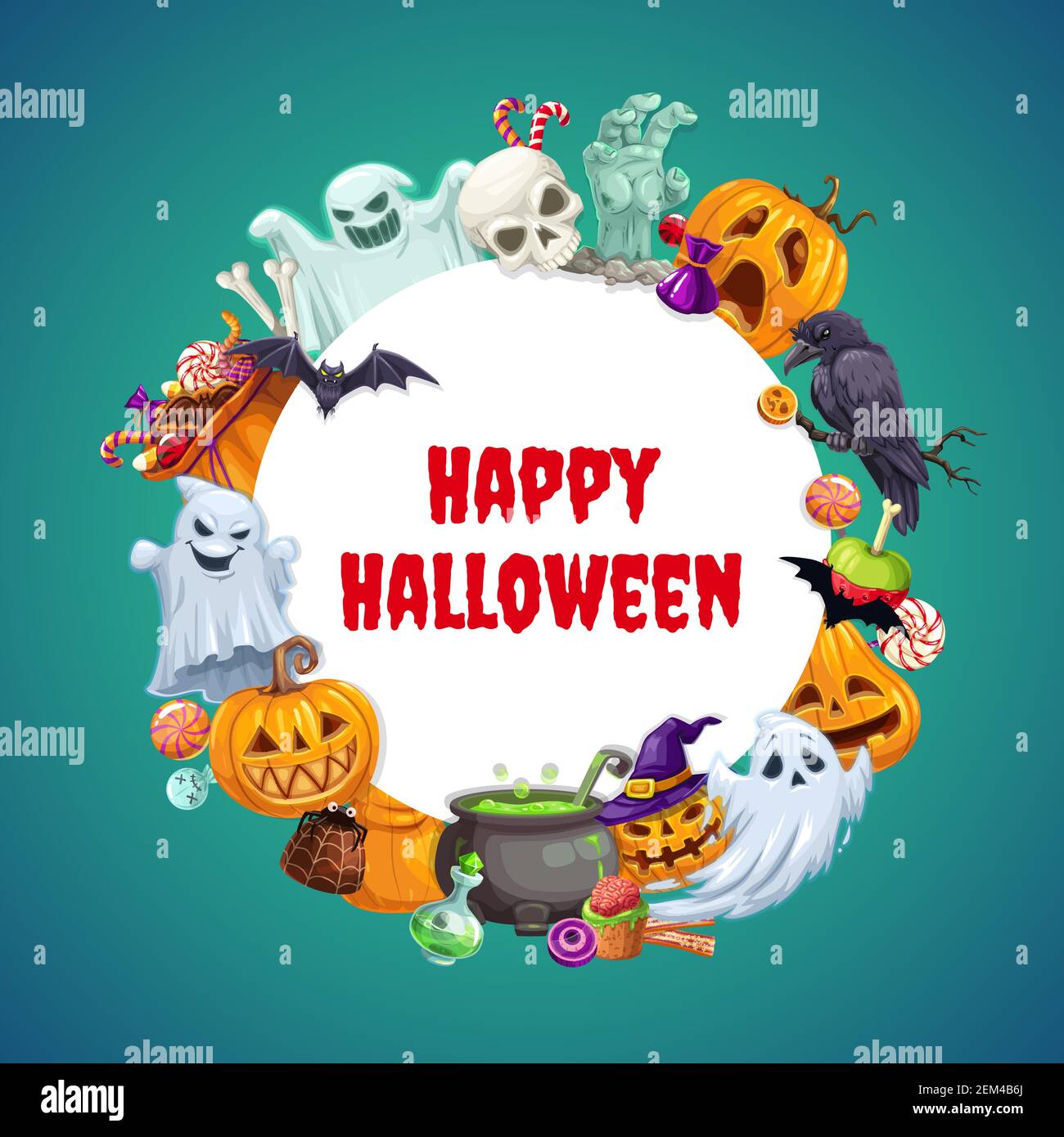 Happy Halloween round frame with holiday symbols. Vector scary ghosts ...