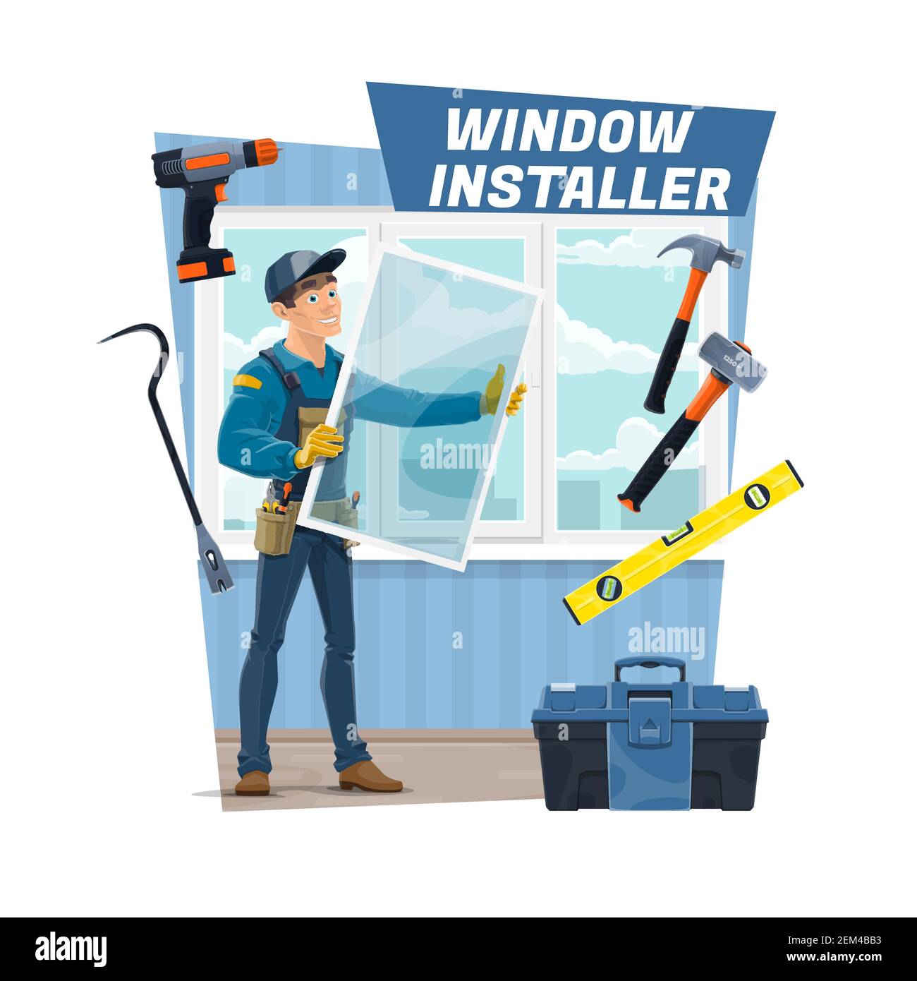 Window installer worker in unoform with hand tools install glass frame