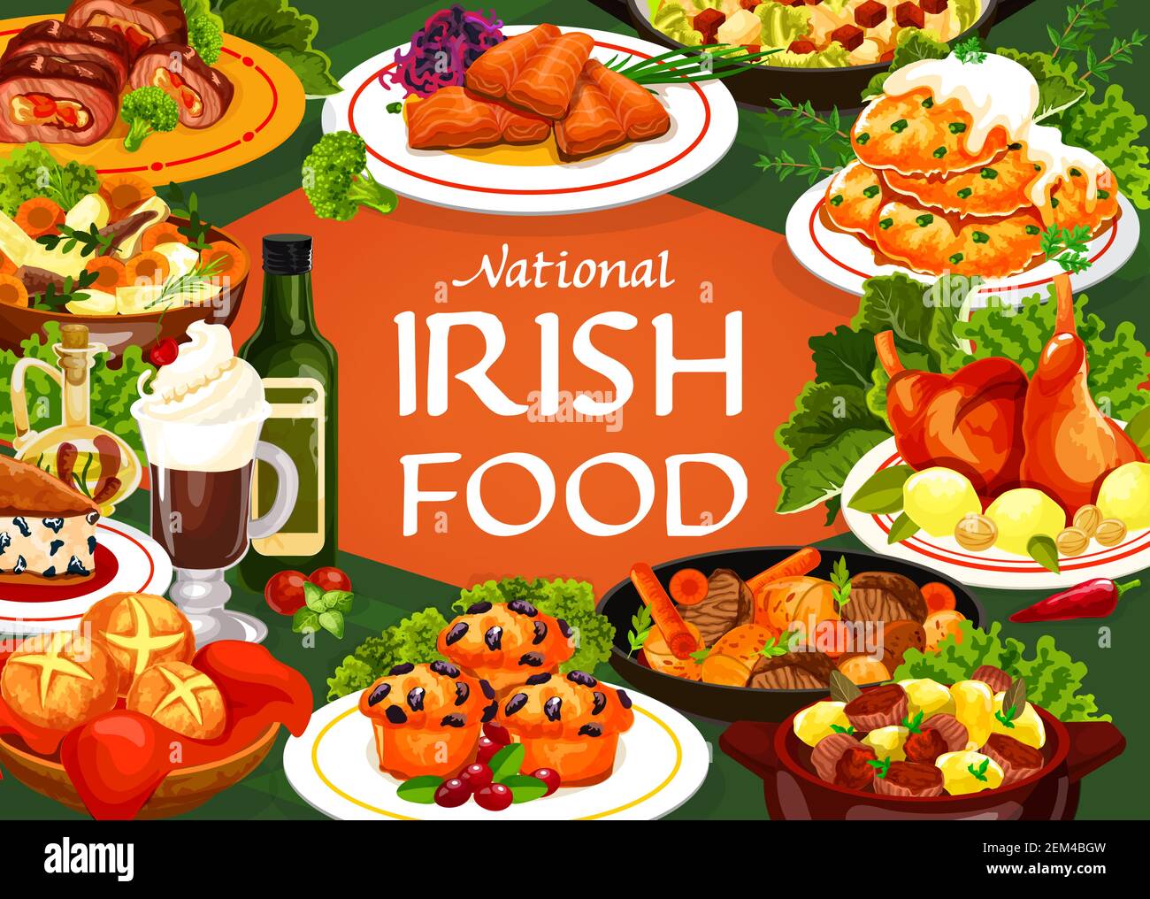 Irish cuisine food vector meal of meat, vegetable and fish with bread. Potato pancakes, irish stews with beef, lamb and rabbit, soda bread and berry c Stock Vector