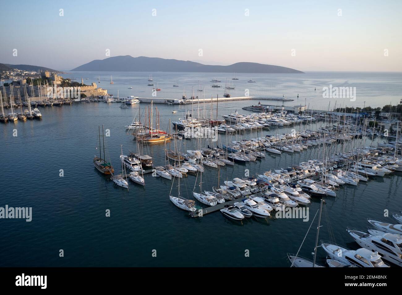 View of Bodrum harbor and castle of St. Peter. Stock Photo