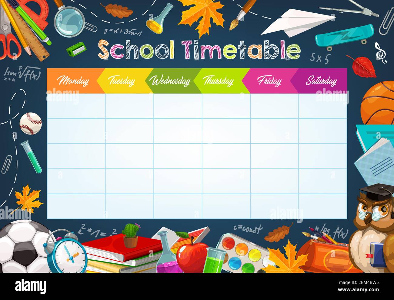 School timetable, weekly classes schedule on blackboard background ...