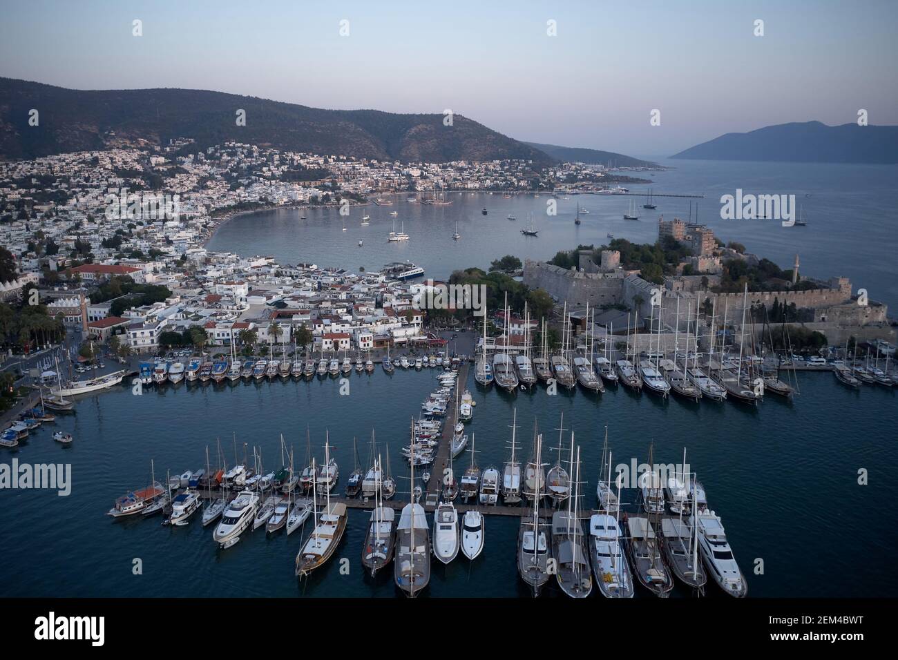 Aerial view of coastal resort city with boats anchored in the sea Stock ...