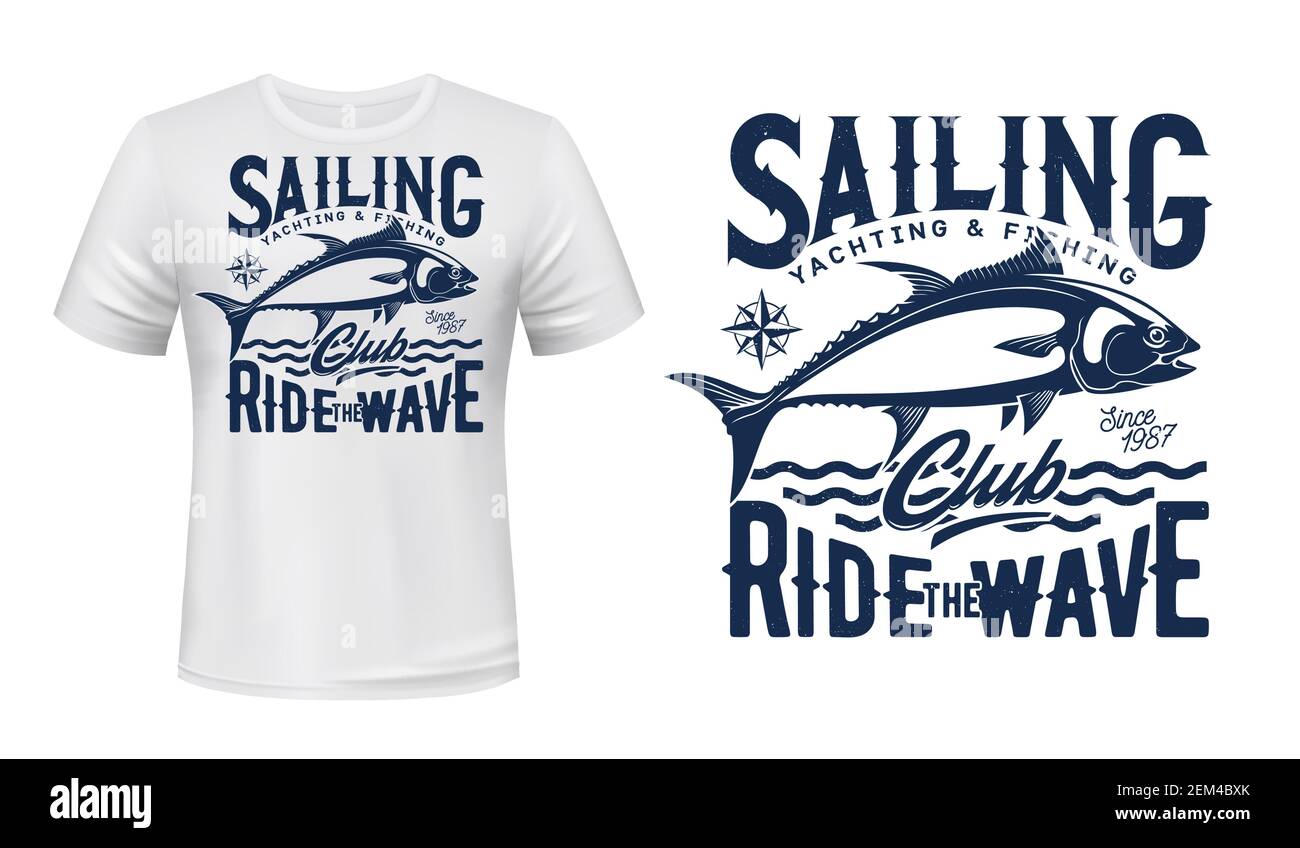 Tuna fish print mockup of fishing and sailing sport club t-shirt vector ...